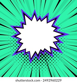Llamativo estilo cómico estalló con una forma de estrella central, contorneada en púrpura, contra un fondo verde con líneas radiales y puntos de semitono.
