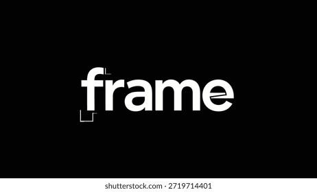 A striking composition featuring the word 'frame' in bold white typography against a pure black backdrop. Abstract graphic accents add a modern,