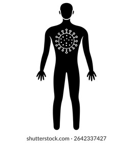 A striking conceptual illustration depicts a black human silhouette overlaid with a stylized virus symbol, representing infection and disease.