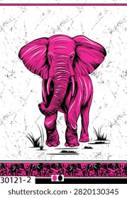 Striking contemporary ethnic textile layout from 1000040125.jpg featuring a majestic, highly detailed magenta pink elephant motif centrally placed against a crisp white background with a subtle grey crackle marble texture. Stylized black grass accents ground the central figure, while the design is elegantly framed by contrasting pink and black patterned borders at the top and bottom. This vibrant, modern fusion artwork is perfectly optimized for high-quality fabric printing on premium cottons like cambric 60x60 and 40x40. It is beautifully suited for crafting statement kurtis, bold unstitched suit sets, graphic dupattas, and contemporary traditional apparel for wholesale and retail manufacturing.