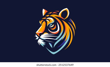 A striking, contemporary tiger logo featuring vibrant orange and blue hues on a dark background. This bold, stylized depiction of a tiger’s face captures the essence of power and elegance.