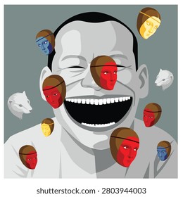 A striking contemporary vector illustration blending classic portraiture with elements of cynical realism. The composition features a large, highly expressive male head—laughing heartily with an open mouth—surrounded by a surreal arrangement of classic female faces inspired by artistic masterpieces.