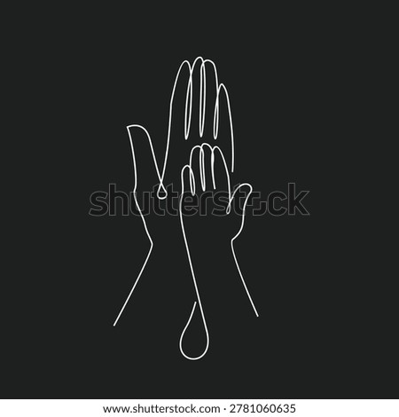 A striking continuous line art drawing depicts an adult hand and a child's hand touching, creating a powerful minimalist silhouette against a dark background. This elegant illustration symbolizes care, connection, support, partnership, and family bonds, making it ideal for concepts related to childhood, parenthood, or teamwork.