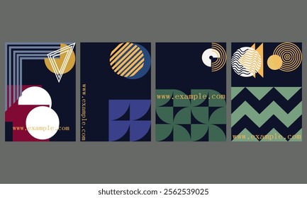 Striking contrasts and a vibrant palette define this series of four abstract designs. From deep blues and rich reds to sunny yellows and fresh greens, the colors pop against each other, creating a vis