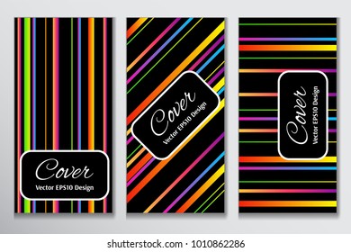Striking cover gradient stripe design. Contrast cover for header page of ad. Layout with colorful gradient stripes on black background for advertisement purpose.