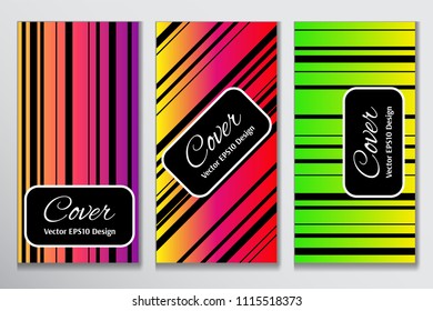 Striking cover gradient stripe front page. Contrast cover for header page of ad. Layout with black stripes on colorful gradient background for marketing purpose.