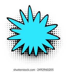 A striking cyan starburst against a speckled black halftone pattern and white background, capturing a lively comic book aesthetic.