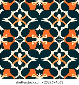 Striking dark flower pattern consisting of orange and black motifs spreads seamlessly across the black background, suitable for fabric designs.