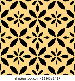 Striking dark flower pattern consisting of black and yellow flowers on a vibrant yellow background, reminiscent of art deco style, forming a seamless and appealing design.
