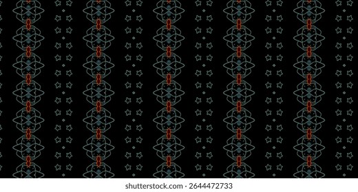 Striking dark seamless pattern with glowing neon-like flower and star motifs. Features symmetry and bold contrast for modern, futuristic, or night-themed visuals.