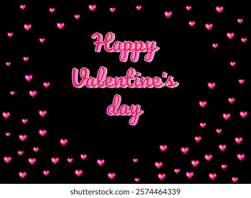 Striking Valentine’s Day design featuring scattered glossy pink hearts on a black background with the text "Happy Valentine’s Day." Perfect for festive posters, cards, and banners.