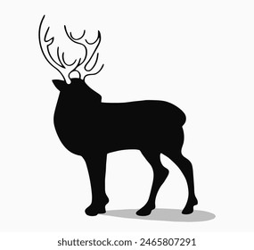 A striking deer ,Graphic black silhouettes of wild deer depicted in bold black lines against a pristine white backdrop. Its majestic form and intricate details convey timeless beauty and  se