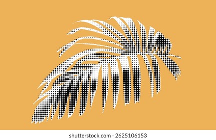 A striking depiction highlights a tropical palm leaf rendered in bold halftone patterns against a warm yellow background.