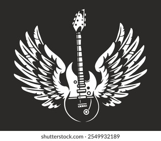 Un diseño llamativo presenta una guitarra con alas angelicales extendidas sobre un fondo negro sólido. Esta obra de arte captura un sentido de libertad y pasión musical.