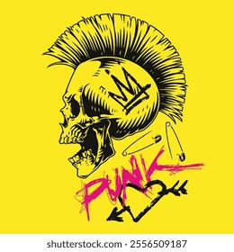 A striking design features a punk-inspired skull with a mohawk and safety pins set against a bright yellow background. The word punk is creatively highlighted reflecting a bold attitude.