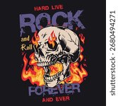 A striking design features a skull with vibrant flames surrounding it expressing a strong passion for rock and roll music. This artwork embodies a rebellious spirit and attitude.