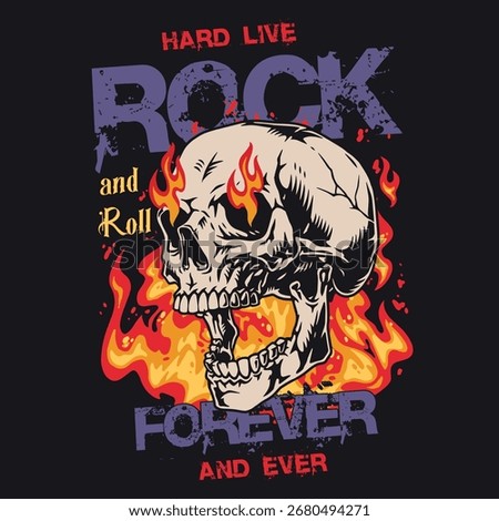 A striking design features a skull with vibrant flames surrounding it expressing a strong passion for rock and roll music. This artwork embodies a rebellious spirit and attitude.