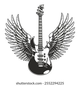 Um design impressionante com uma guitarra elétrica preta com asas de anjo detalhadas em cada lado. A obra de arte incorpora uma fusão de música e espiritualidade perfeita para os entusiastas do rock.