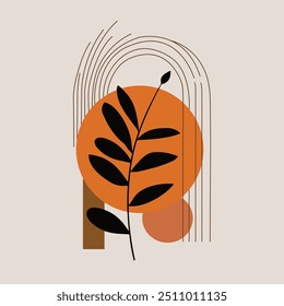 A striking design featuring black leaves set against an orange circular background, with black curvy lines enhancing the composition, perfect for vibrant and modern branding.