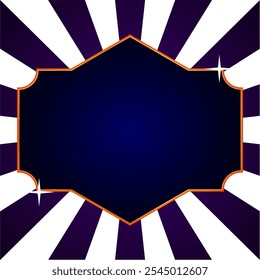 A striking design featuring a dark blue, hexagon-shaped frame with a bronze border, centered on a backdrop of radiating white and deep purple stripes. Background for backdrop, walpaper, label price