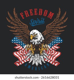 A striking design featuring a detailed eagle with outspread wings. Below the eagle are American flags in red white and blue symbolizing freedom and patriotism.