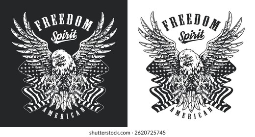 A striking design featuring an eagle with outstretched wings set against a stark background. The artwork conveys themes of freedom and American spirit with bold elements.