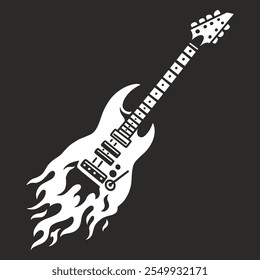 Ein auffälliges Design mit einer E-Gitarre in stilisierten Flammen verschachtelt, die eine kühne und dynamische visuelle Wirkung für Musikliebhaber und Rockenthusiasten geeignet.