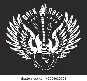 A striking design featuring an electric guitar with wings and lightning bolts emphasizing themes of love and music. This artwork celebrates the essence of rock and roll culture.