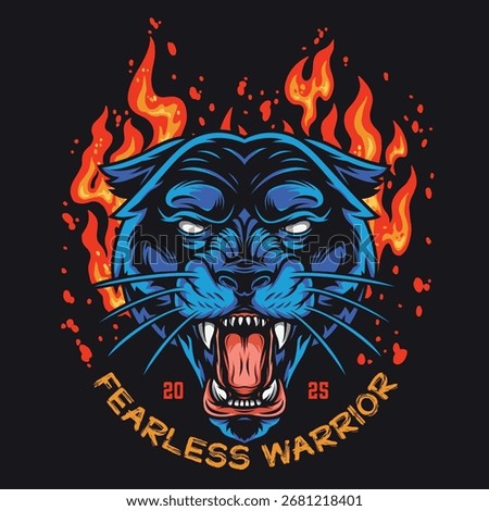 A striking design featuring a fierce panther's face surrounded by vivid flames. The artwork emphasizes power and bravery displaying the words Fearless Warrior prominently below.