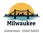 A striking design featuring the iconic Hoan Bridge spanning over Lake Michigan, set against the vibrant Milwaukee skyline, capturing the city