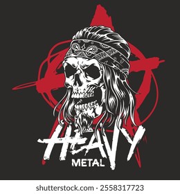 A striking design featuring a skull with long hair and a bandana symbolizing heavy metal music culture. The red symbol in the background enhances the edgy feel of the artwork.