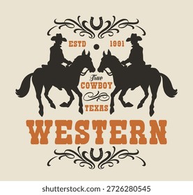 Un diseño llamativo con dos vaqueros a caballo. La obra de arte destaca el tema occidental que muestra las raíces de Texas y un espíritu vaquero clásico.