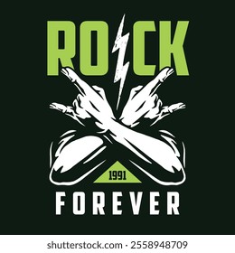 A striking design featuring two crossed arms making a rock gesture against a dark background. The words Rock and Forever are prominently displayed highlighting a classic rock theme from 1991.