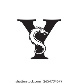 Design impressionante com um dragão branco enrolado através e ao redor da letra Y. Com linhas em negrito, esta imagem simbólica projeta a força em preto contra a transparência.