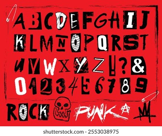 Un diseño llamativo muestra letras y números en negrita en un estilo punk contra un fondo rojo vivo. La composición refleja un espíritu rebelde y la creatividad asociada con la cultura punk.