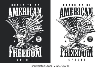 A striking design showcases an eagle in flight with an American flag backdrop. The artwork emphasizes themes of patriotism and freedom highlighted by bold text and vintage elements.