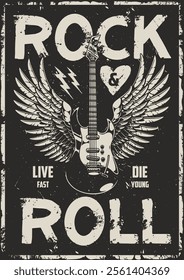 A striking design showcases a guitar surrounded by angelic wings and lightning bolts embodying the spirit of rock and roll with a message about living life to the fullest.