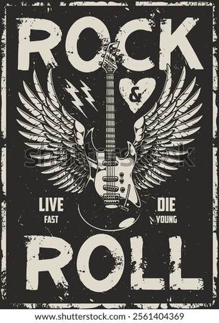 A striking design showcases a guitar surrounded by angelic wings and lightning bolts embodying the spirit of rock and roll with a message about living life to the fullest.