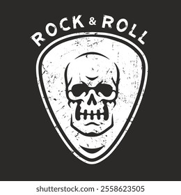 A striking design showcases a skull within a guitar pick shape highlighted by the phrase rock and roll at the top. The artwork emphasizes a bold and edgy style.