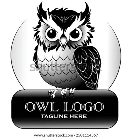 A striking, detailed black and white(grayscale) Vector logo template featuring an imposing owl.This owl is drawn with intricate feather texture and sharp,expressive eyes