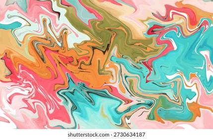 Striking digital artwork capturing the mesmerizing effect of swirling liquid paint mixing intensely across the frame, showcasing vivid hues of tropical blue, warm orange, hot pink, and earthy green creating an energetic, flowing abstract composition.