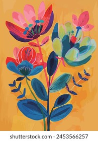 A striking digital illustration displaying a collection of vibrant flowers blooming against a dark backdrop, creating a dramatic and beautiful contrast.
