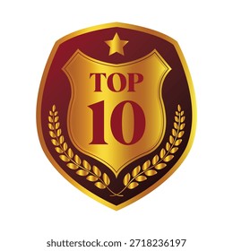Uma impressionante ilustração digital com um escudo dourado central sobre um fundo vermelho-escuro. O escudo exibe de forma destacada o texto "TOP 10" em uma fonte serif em negrito e branco. Flanqueando o escudo em ambos os lados estão coroas de louros de ouro estilizadas, simbolizando a vitória e a honra. O design geral transmite um tema de excelência, alta qualidade e alcançar uma posição de topo em um ranking ou competição. Este gráfico é adequado para uso em apresentações, sites ou artigos relacionados a prêmios, classificações ou listas dos melhores.