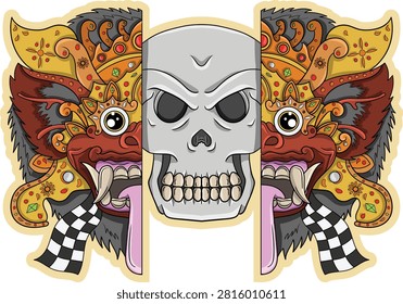 A striking digital illustration featuring a central skull flanked by ornate Balinese Barong masks, symbolizing duality and cultural heritage.