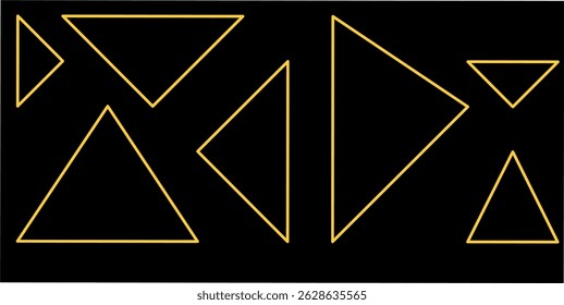 A striking digital illustration featuring a series of outlined yellow triangles of various sizes and orientations on a sleek black background. The geometric design conveys modern minimalism
