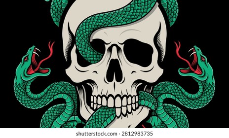 A striking digital illustration featuring a skull entwined with two vibrant green serpents, evoking a gothic and edgy aesthetic.