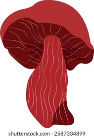 A striking digital illustration of a red mushroom with flowing, wavy textures on its cap and stem. The design features elegant curved lines and a rich red color palette.