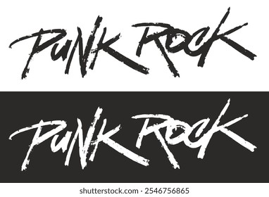 Uma impressionante exibição de letras de punk rock apresenta duas variações em cores contrastantes de preto e branco, mostrando o espírito nervoso e rebelde do gênero.