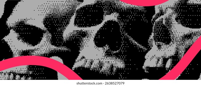 A striking display showcases a series of intricately designed skulls rendered in pixel art style.Bitmap overlay bg with pixel effect 