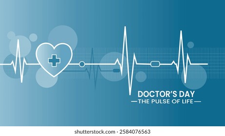A striking Doctor's Day banner featuring a heart with a medical cross and an ECG pulse, symbolizing the vital role of doctors in keeping the heartbeat of life alive.